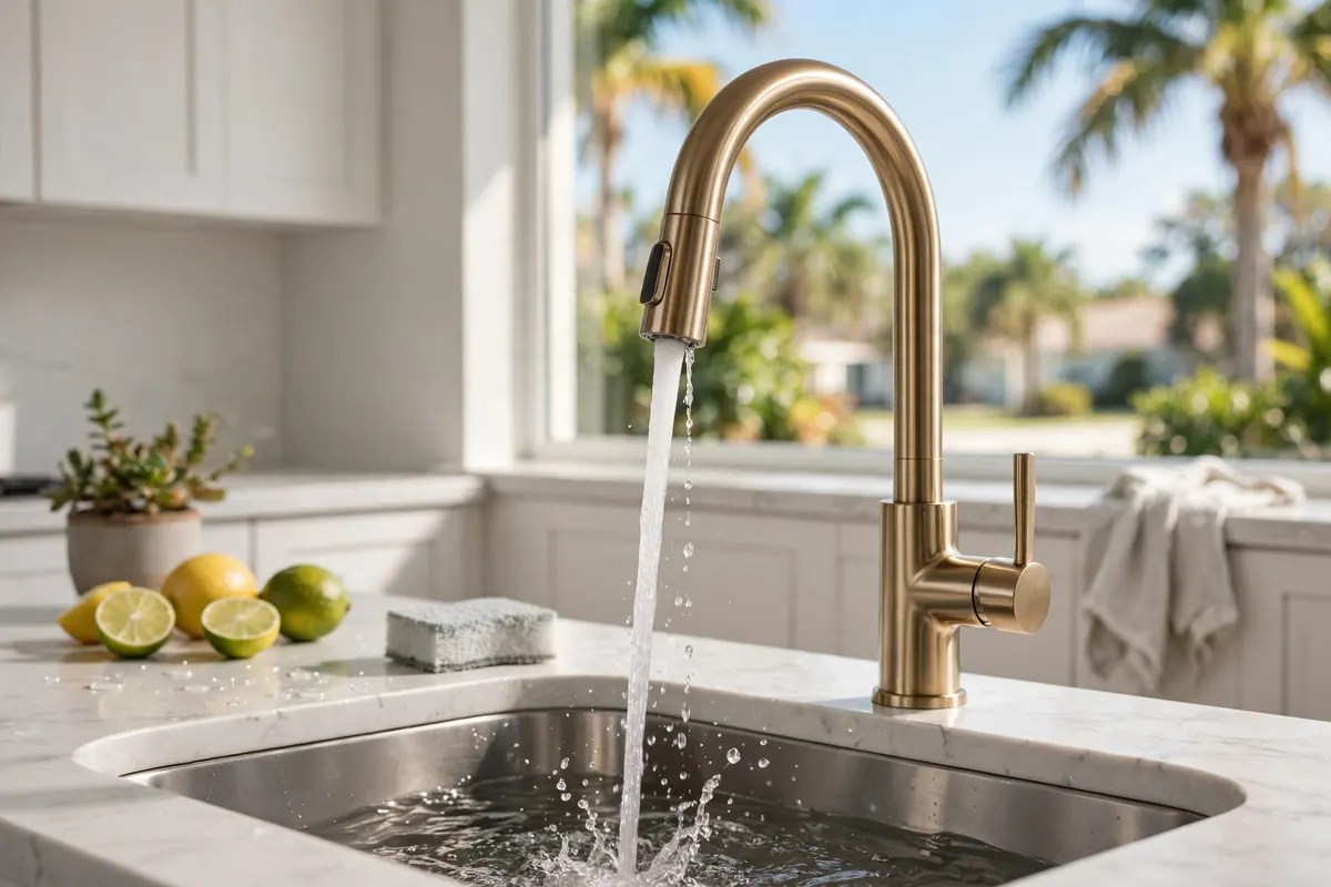 Kitchen faucet running with plumber working on sewer line outside visible through window
