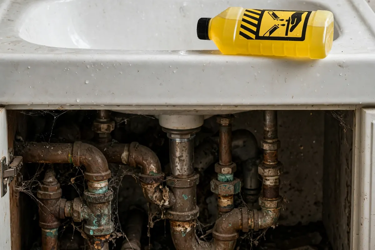 Bottle of chemical drain cleaner next to sink with warning label visible
