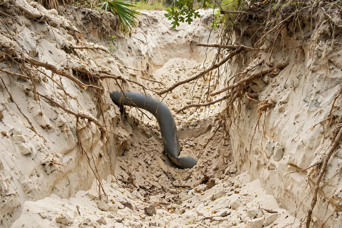 Exposed sandy soil trench showing shifted sewer pipe with sagging belly section