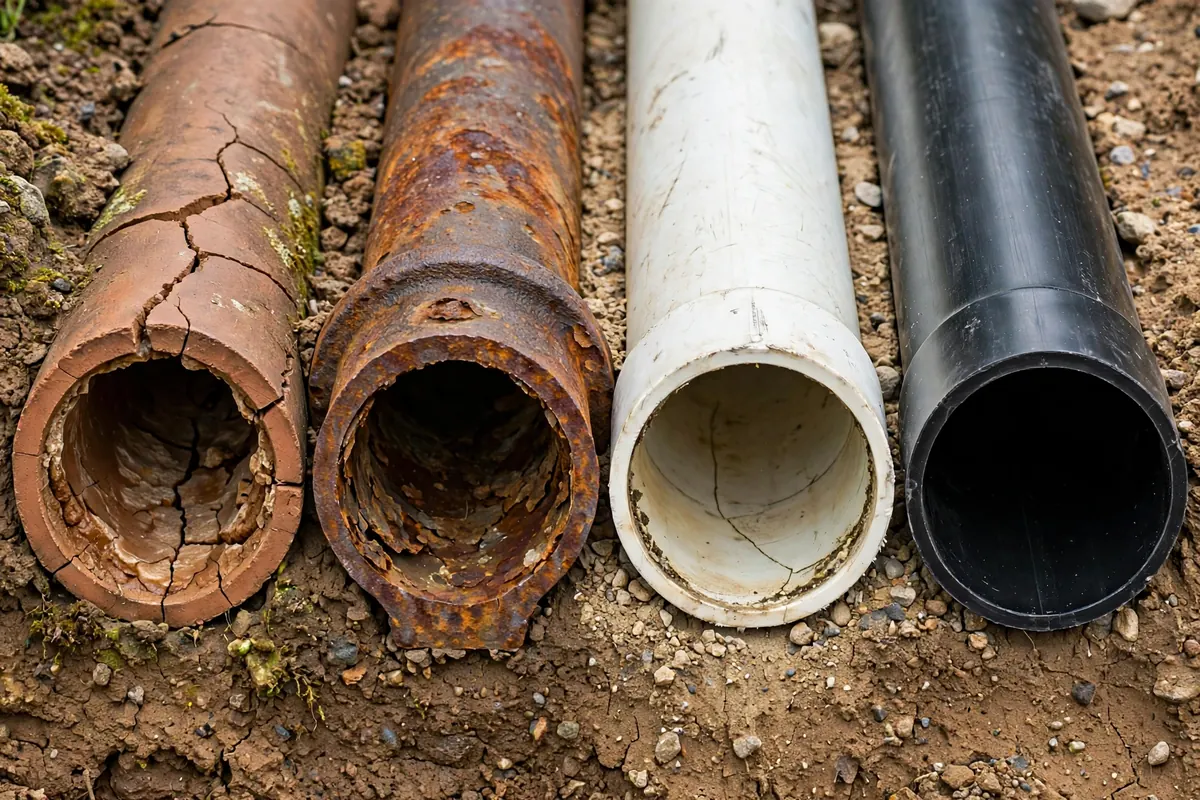Cross-section showing different sewer pipe materials clay cast iron and PVC