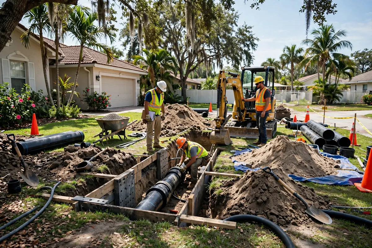 Crew installing new sewer pipe with trenchless equipment in residential yard