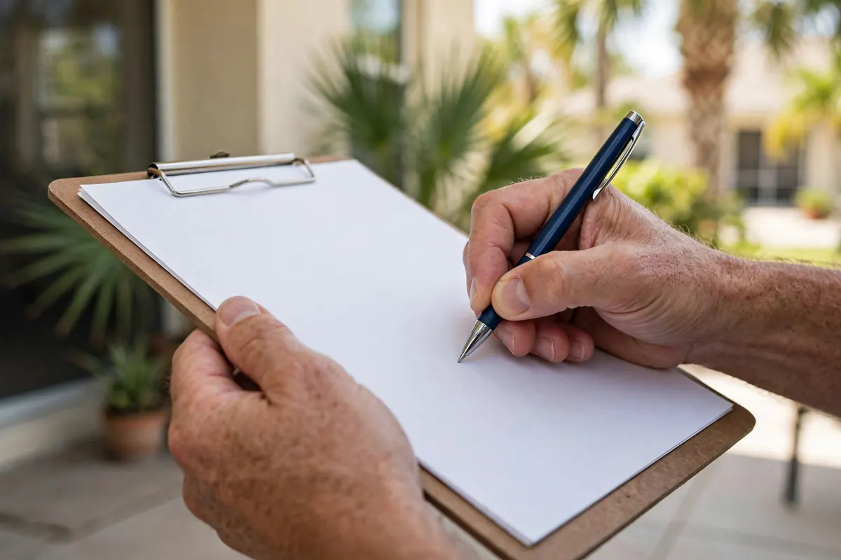 Homeowner reading sewer repair contract with contractor at dining table
