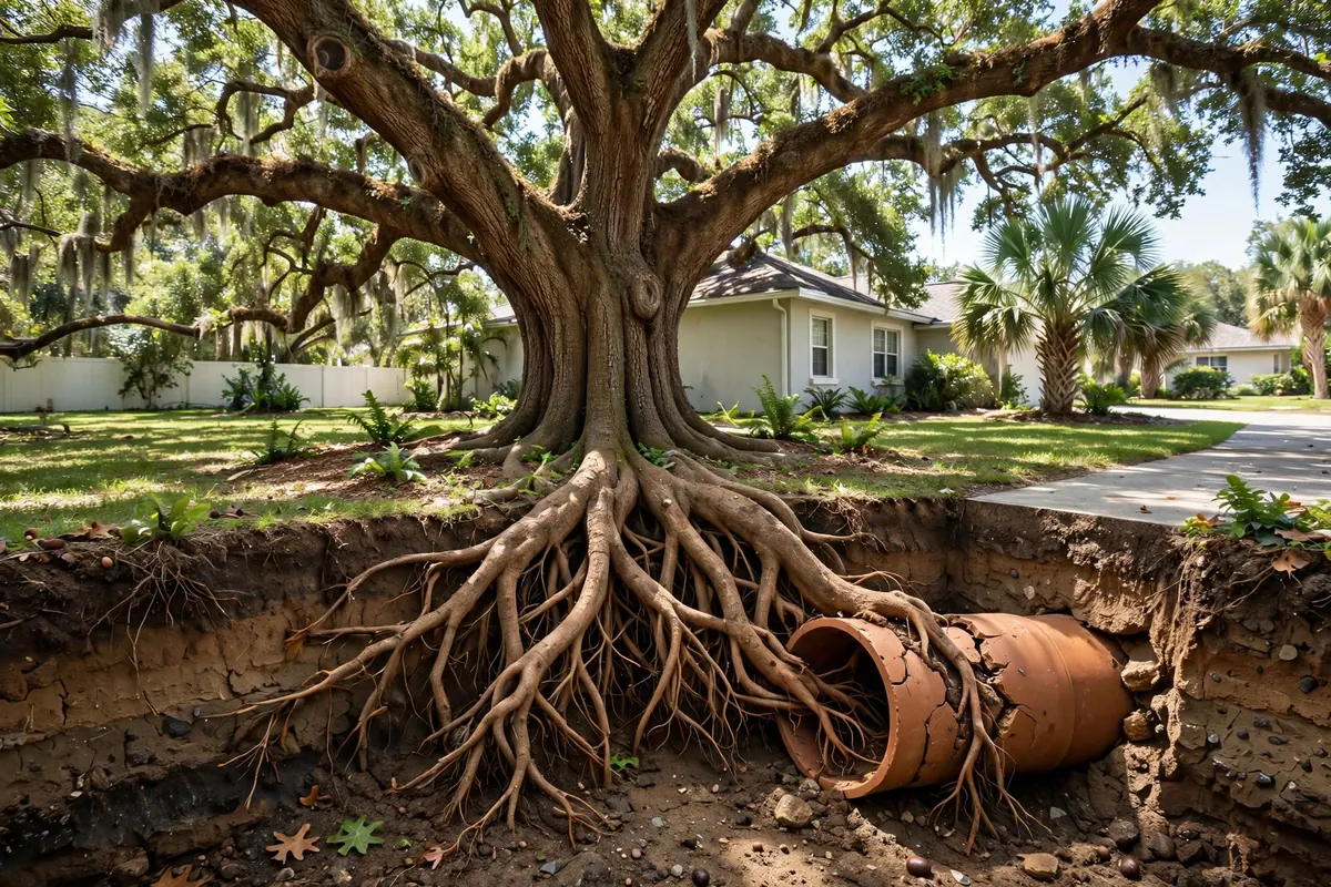 Tree roots growing into cracked clay sewer pipe joint underground
