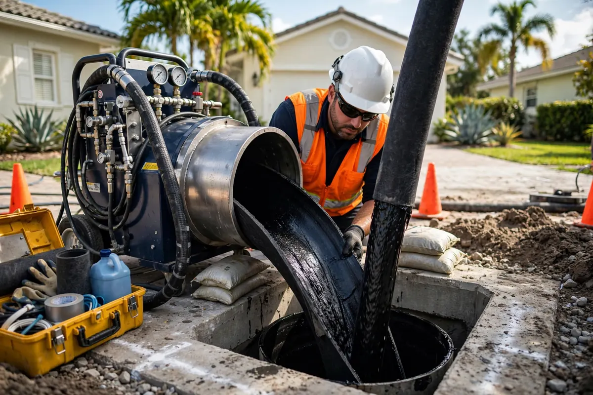 Trenchless pipe lining equipment working in a Bradenton yard with minimal digging