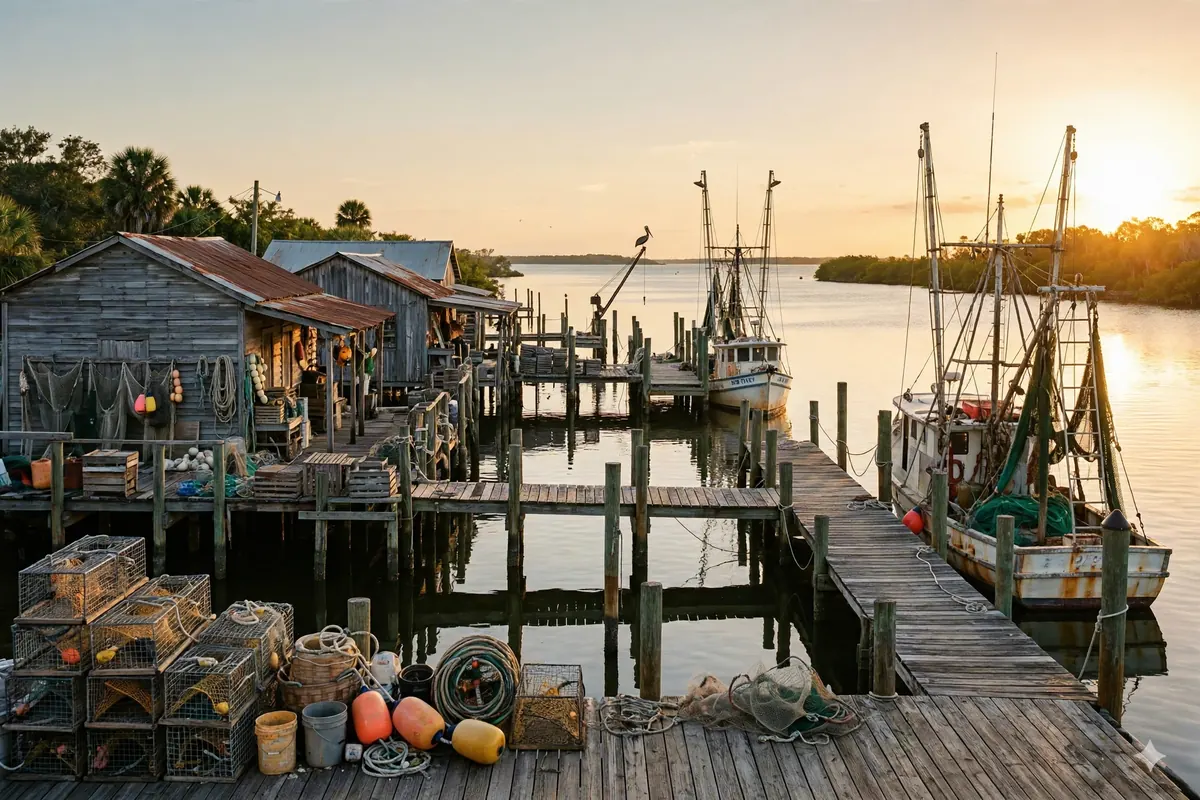 Cortez Florida historic fishing village waterfront with docks and boats on Sarasota Bay