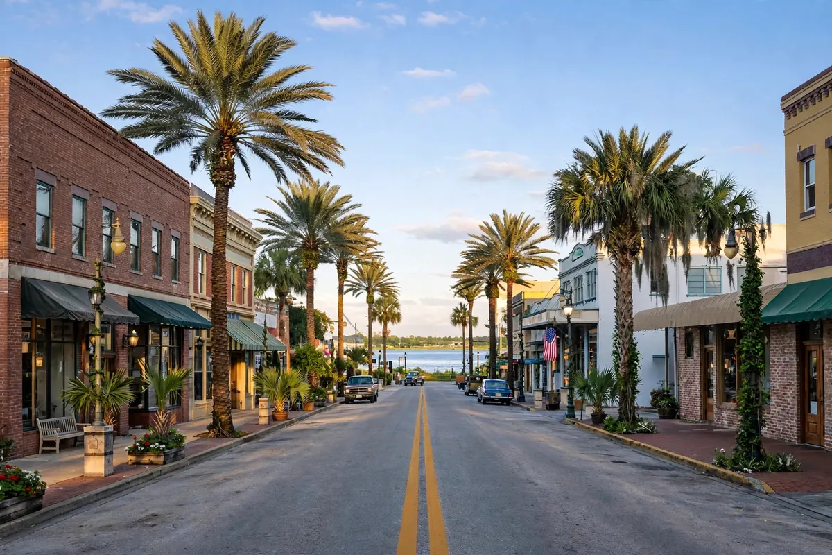 Historic Palmetto Florida street lined with mature trees and older homes