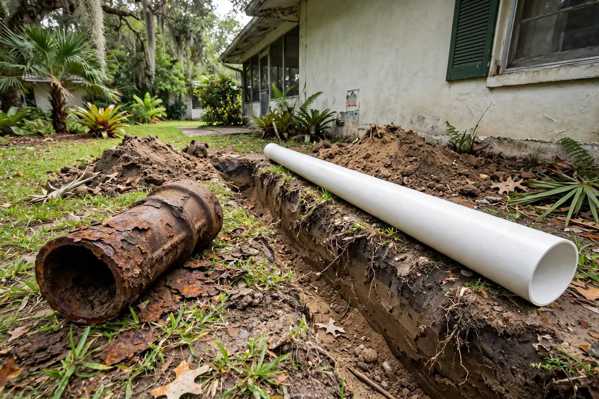 Corroded cast iron sewer pipe section showing heavy internal scale next to new pipe