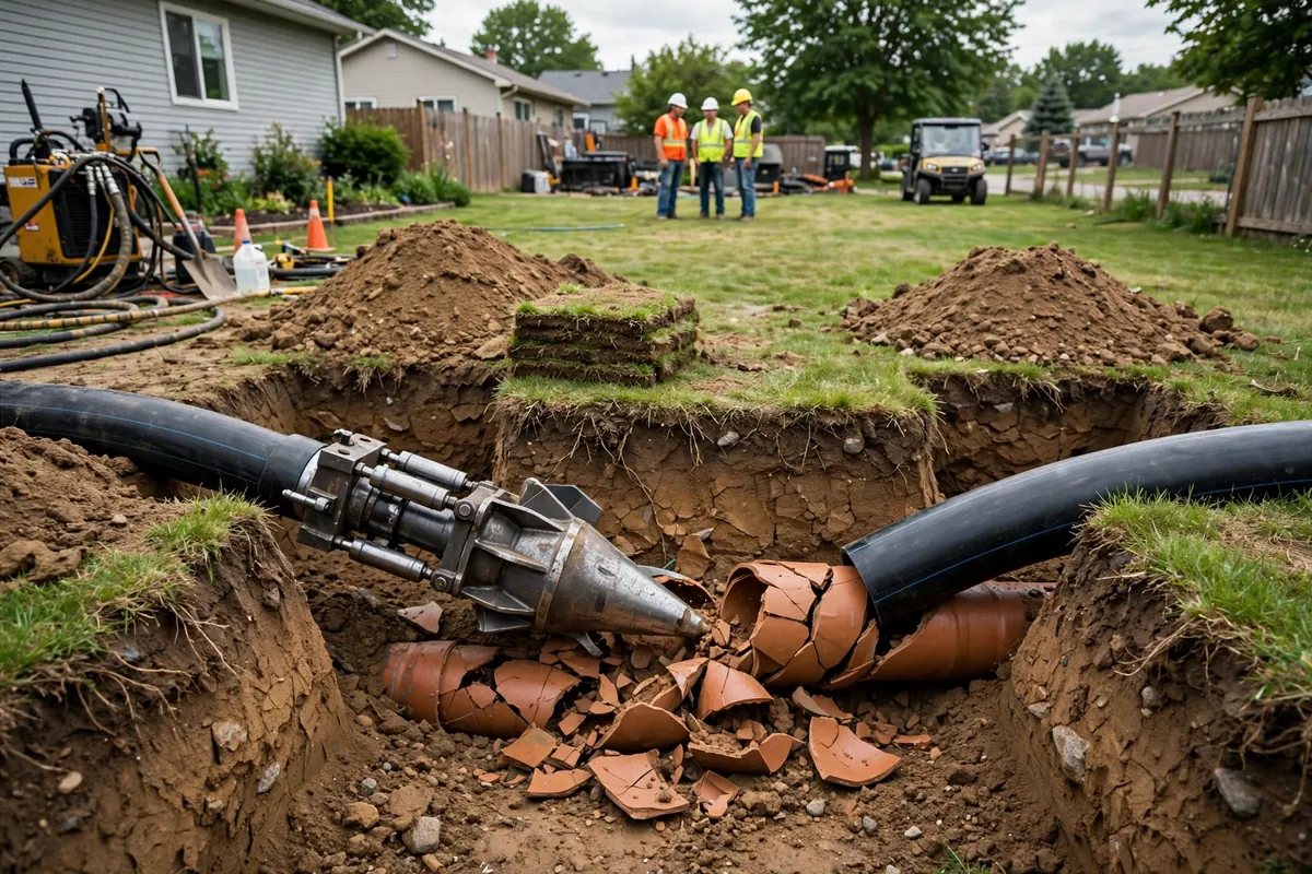 Pipe bursting equipment with new HDPE pipe staged beside a small access pit