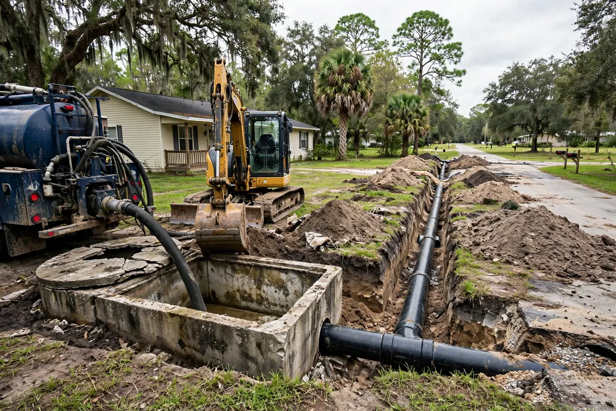 New sewer lateral being connected from a home to the county sewer main during conversion