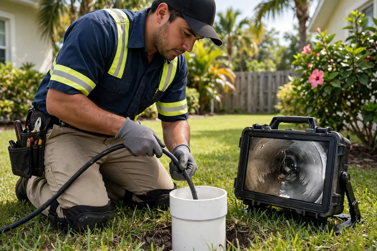 Technician watching a live sewer camera feed on a monitor beside an open cleanout