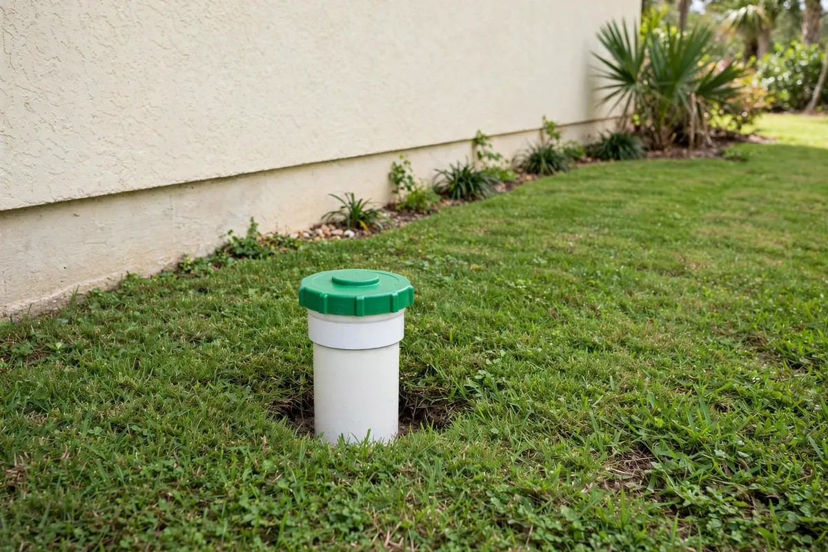 New white PVC sewer cleanout with cap installed in a landscaped Bradenton yard