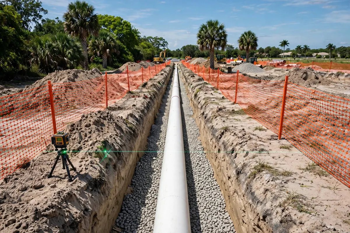 New PVC sewer line being installed in a properly graded trench at a construction site