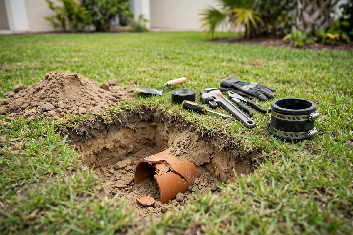 Technician repairing a single damaged section of sewer pipe at a small excavation