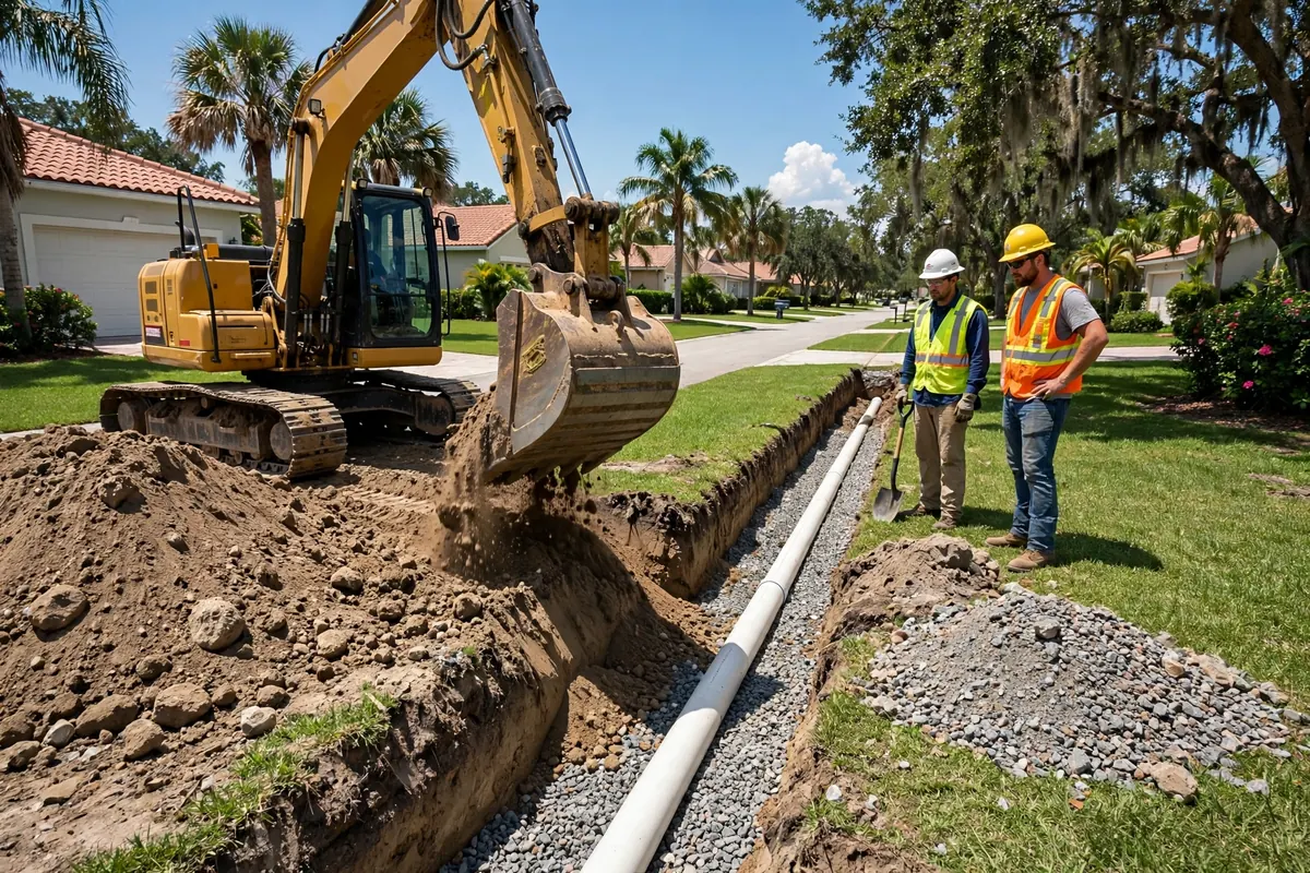 Excavator carefully digging to expose an old sewer line for replacement at a Bradenton home
