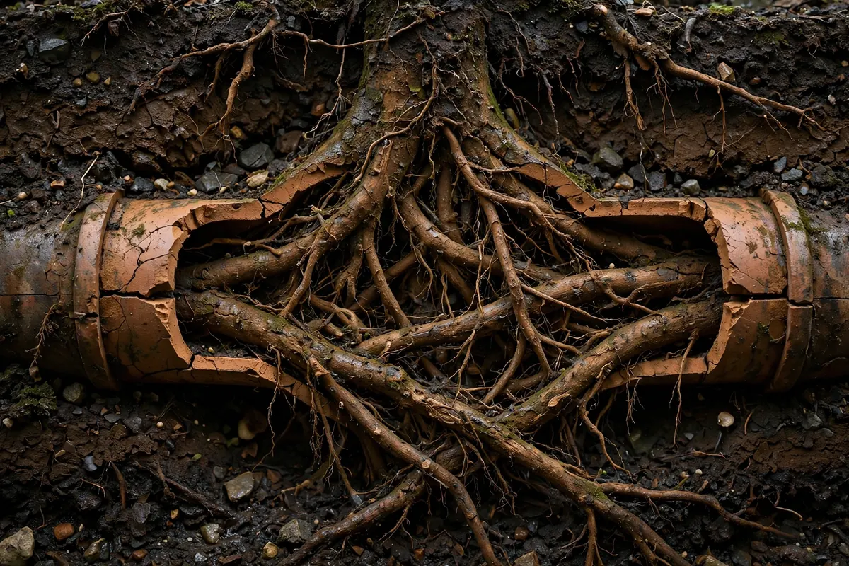 Sewer camera view showing tree roots intruding through a pipe joint before removal