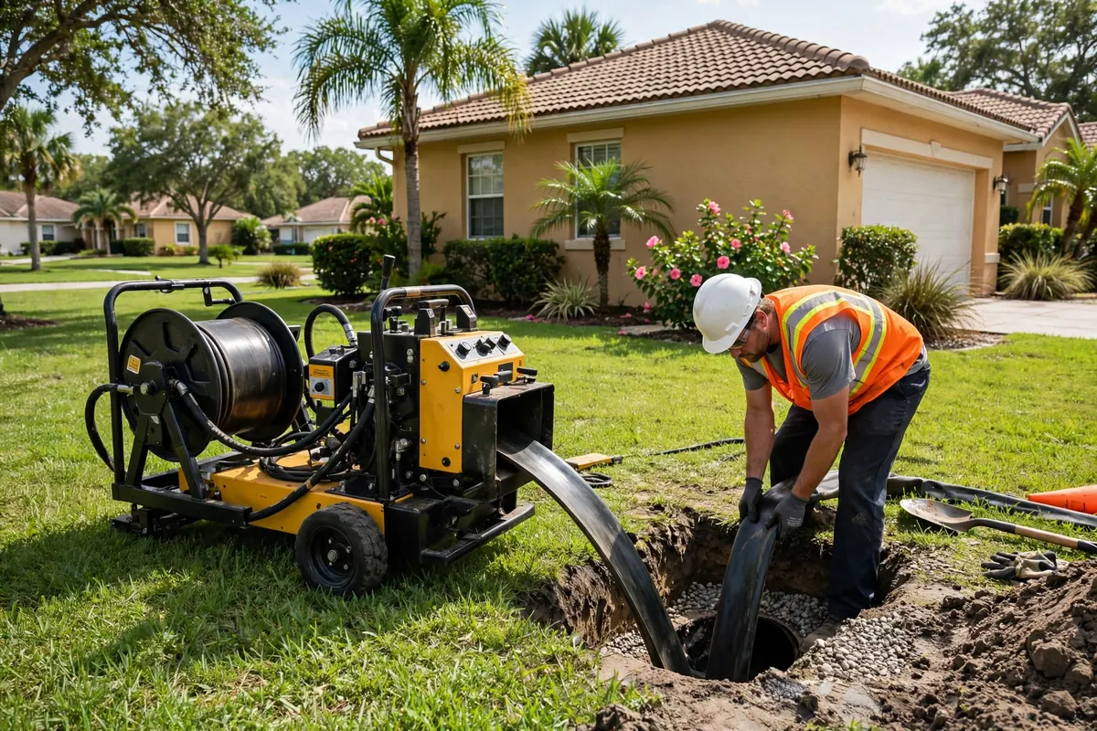 Technician feeding a trenchless liner into a sewer access point in a Bradenton yard